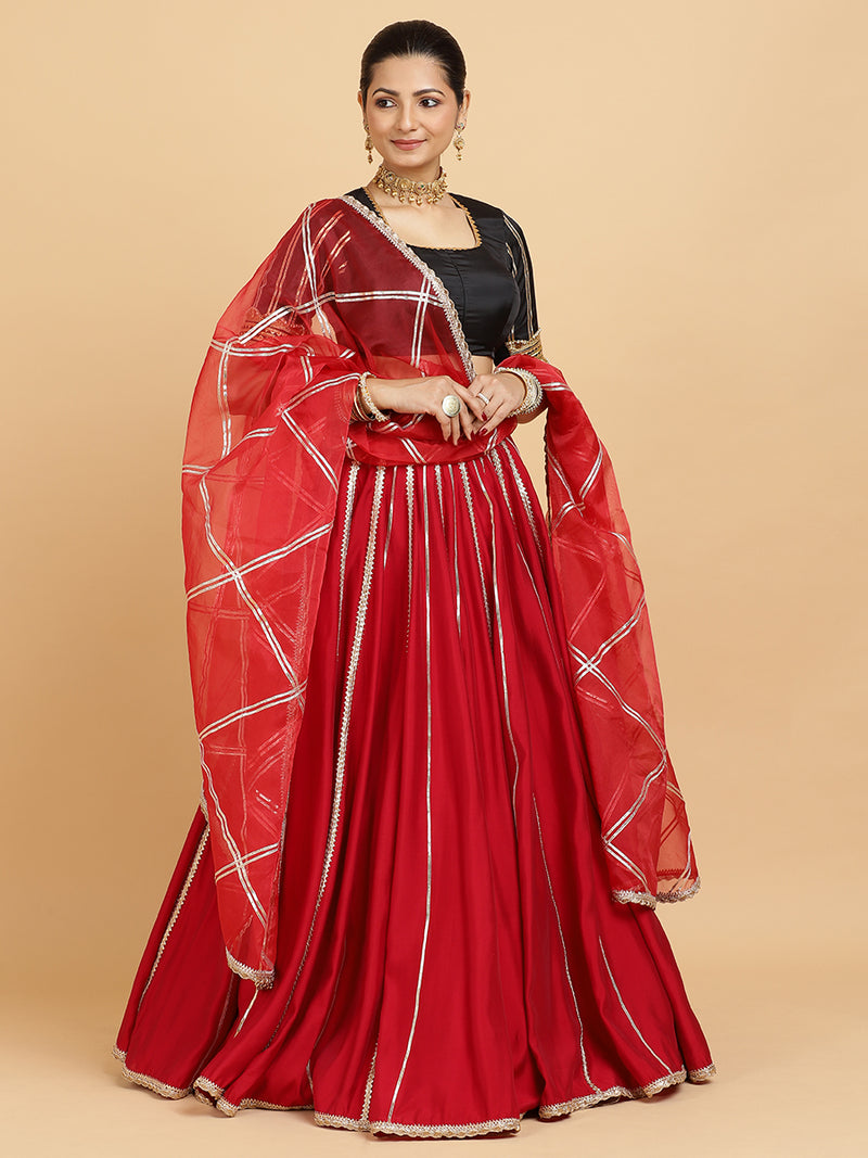 Madhuri Aziza 4-Pc Lehenga Set x Tyohaar | Red Lehenga, Charcoal Black Blouse with Leela Red Dupatta and Cancan Skirt-Binks