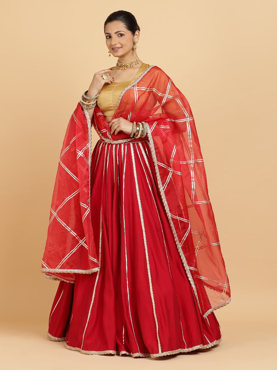 Madhuri Aziza 4-Pc Lehenga Set x Tyohaar, in Red, featuring elbow sleeves and square neckline, made for party & festive.