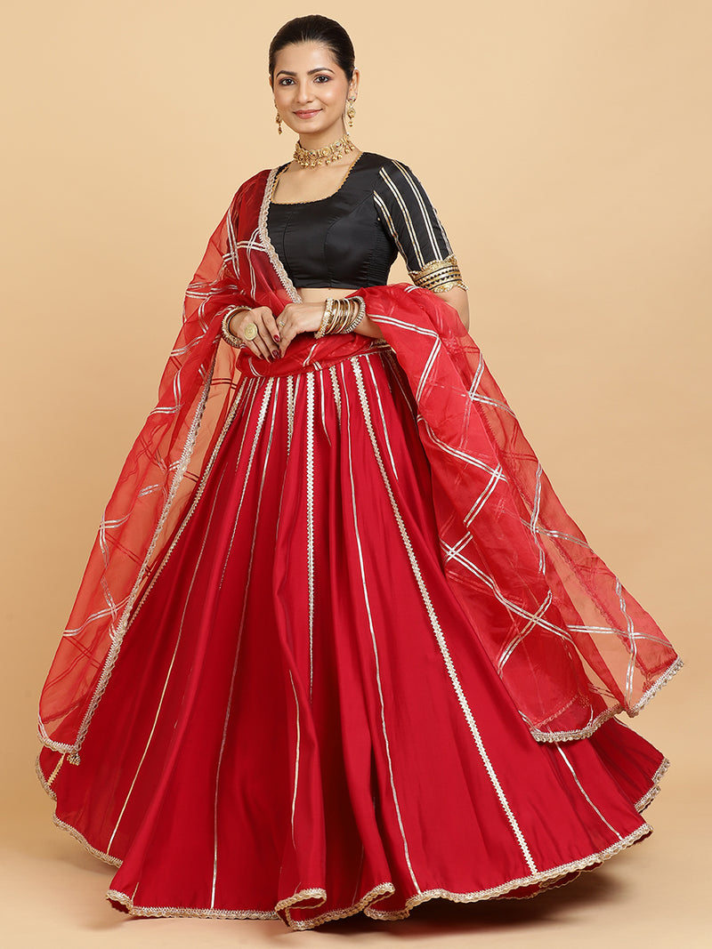 Madhuri Aziza 4-Pc Lehenga Set x Tyohaar | Red Lehenga, Charcoal Black Blouse with Leela Red Dupatta and Cancan Skirt-Binks