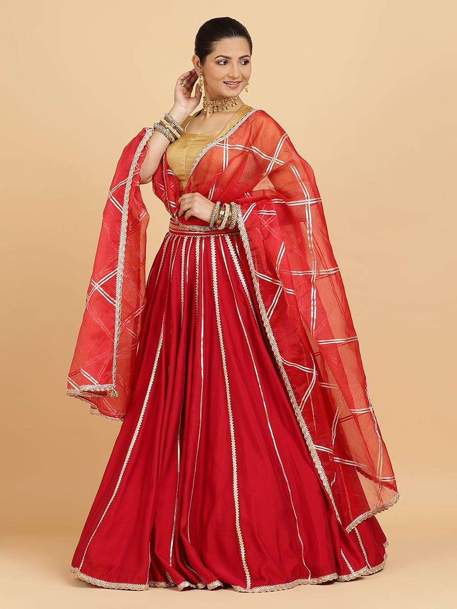 Madhuri Aziza 4-Pc Lehenga Set x Tyohaar, in Red, featuring elbow sleeves and square neckline, made for party & festive.