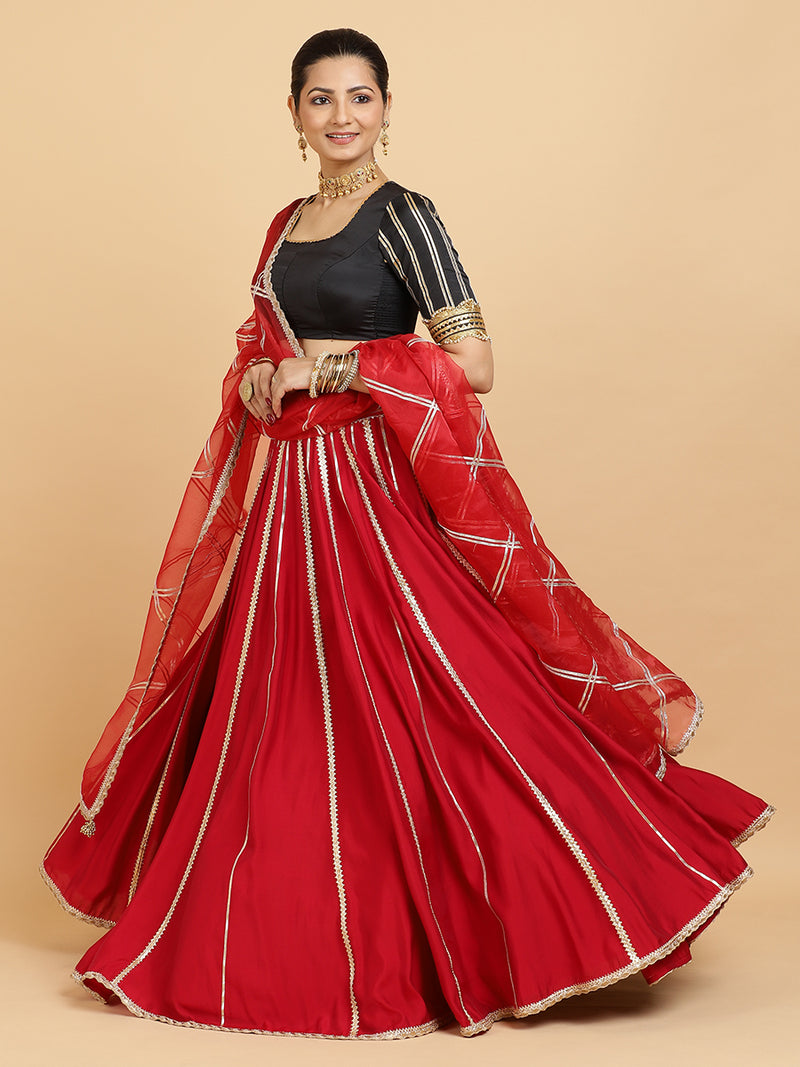 Madhuri Aziza 4-Pc Lehenga Set x Tyohaar | Red Lehenga, Charcoal Black Blouse with Leela Red Dupatta and Cancan Skirt-Binks