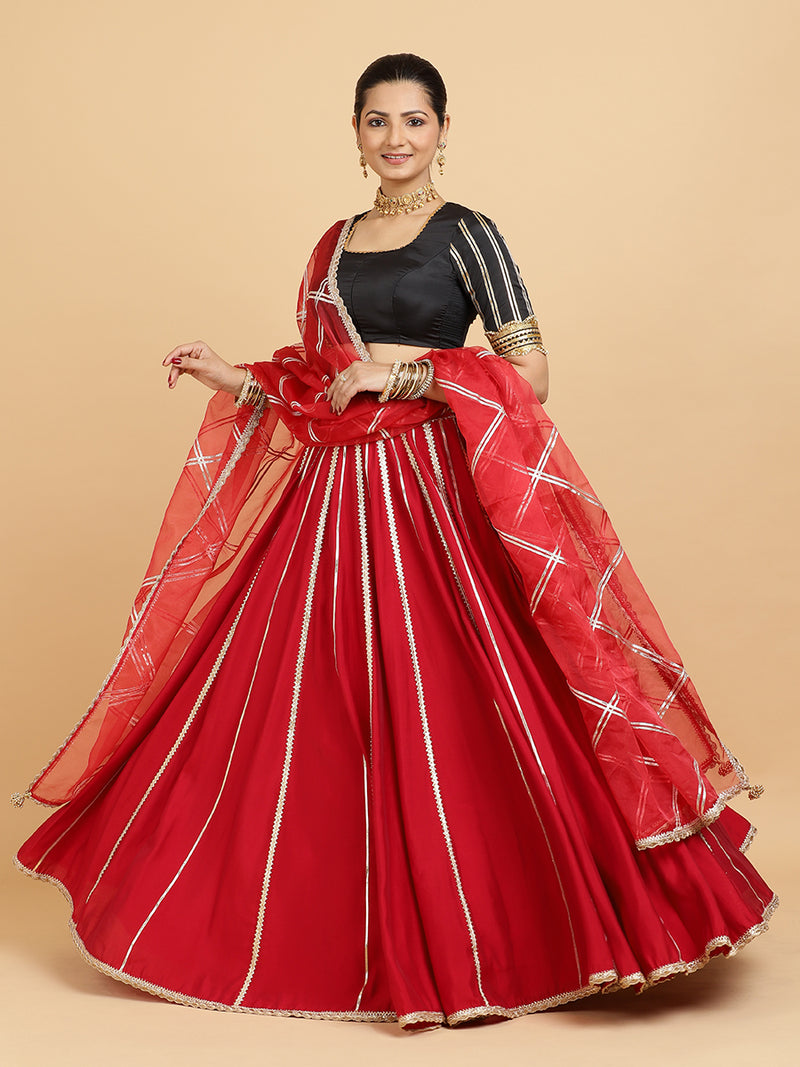 Madhuri Aziza 4-Pc Lehenga Set x Tyohaar | Red Lehenga, Charcoal Black Blouse with Leela Red Dupatta and Cancan Skirt-Binks