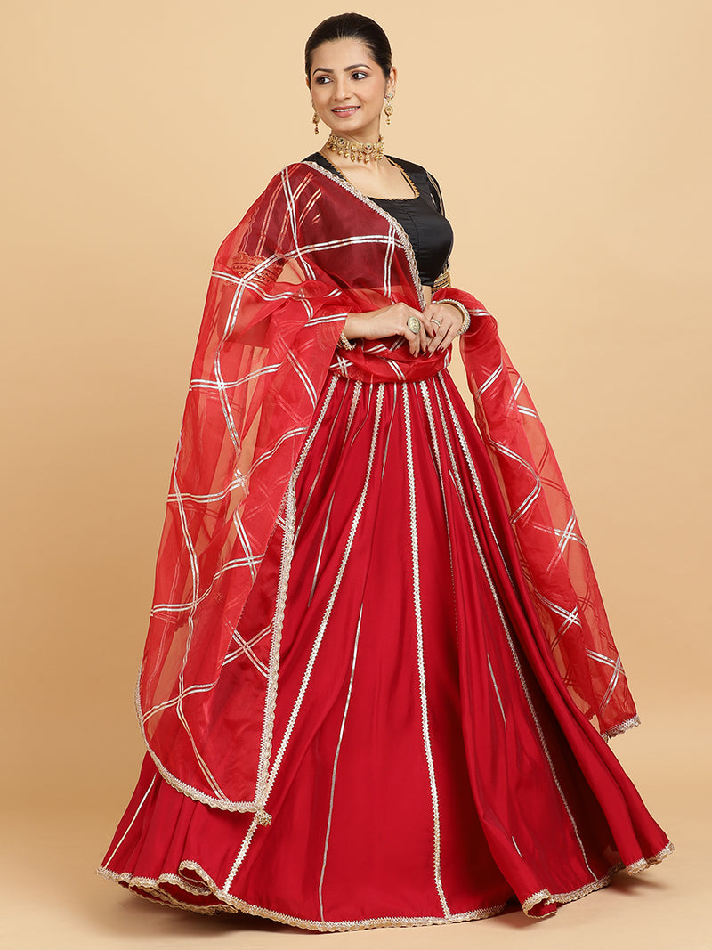 Madhuri Aziza 4-Pc Lehenga Set x Tyohaar | Red Lehenga, Charcoal Black Blouse with Leela Red Dupatta and Cancan Skirt-Binks