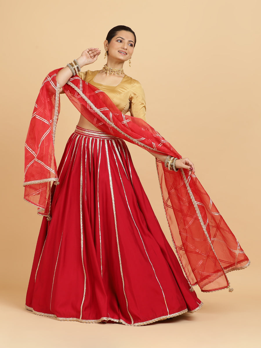 Madhuri Aziza 4-Pc Lehenga Set x Tyohaar, in Red, featuring elbow sleeves and square neckline, made for party & festive.