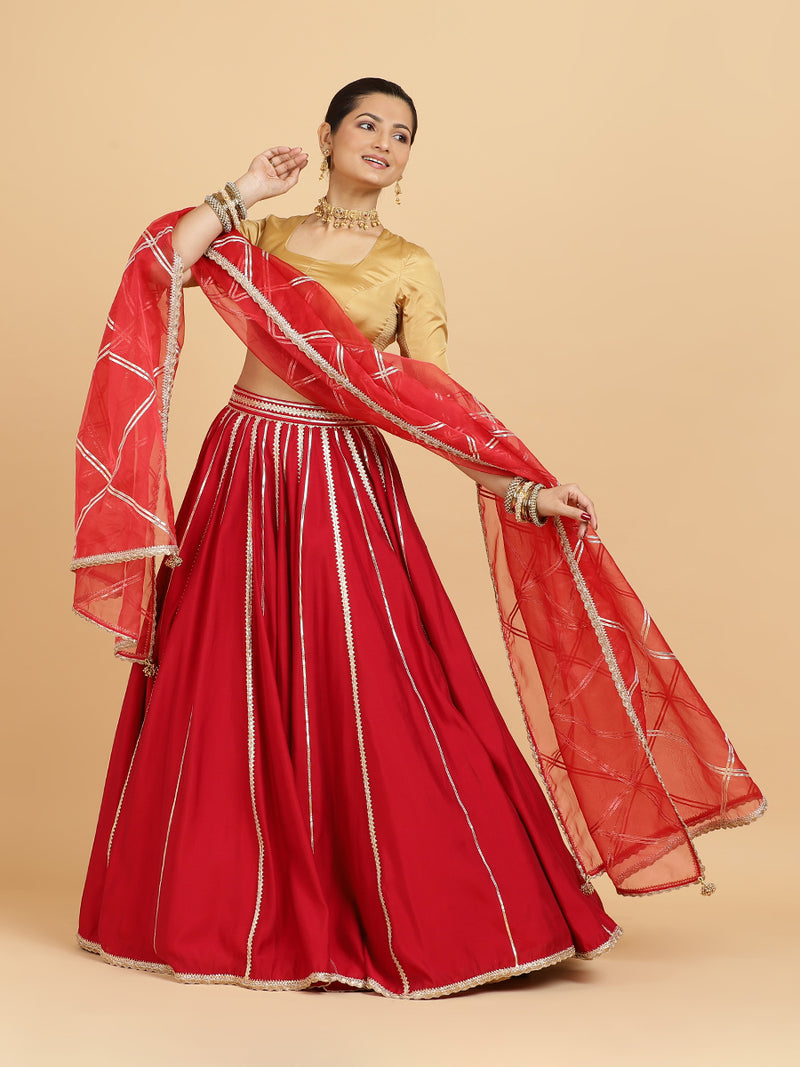 Madhuri Aziza 4-Pc Lehenga Set x Tyohaar | Red Lehenga, Gold Blouse with Leela Red Dupatta and Cancan Skirt-Binks