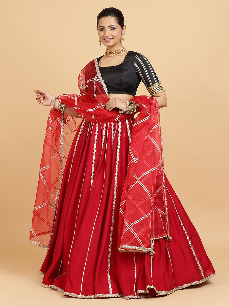 Madhuri Aziza 4-Pc Lehenga Set x Tyohaar, in Red, featuring elbow sleeves and square neckline, made for party & festive.