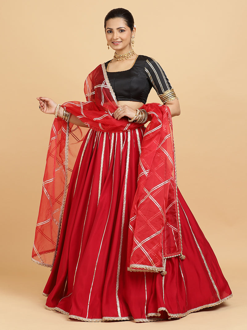 Madhuri Aziza 4-Pc Lehenga Set x Tyohaar | Red Lehenga, Charcoal Black Blouse with Leela Red Dupatta and Cancan Skirt-Binks