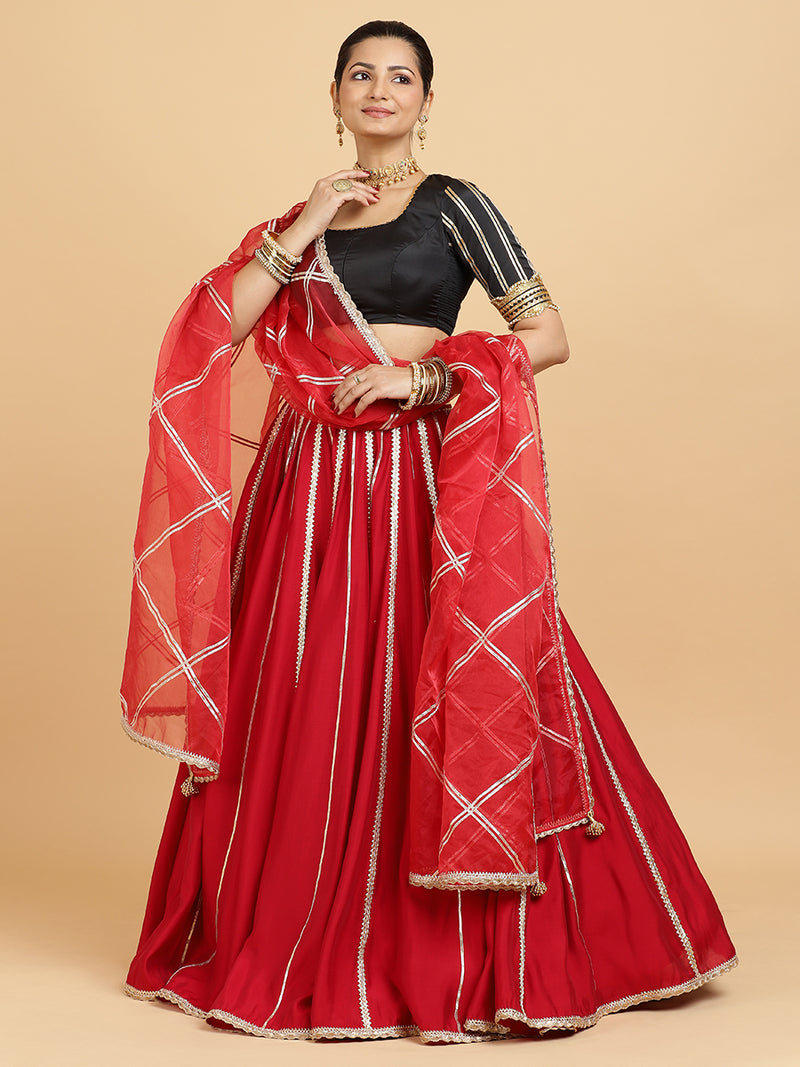 Madhuri Aziza 4-Pc Lehenga Set x Tyohaar | Red Lehenga, Charcoal Black Blouse with Leela Red Dupatta and Cancan Skirt-Binks