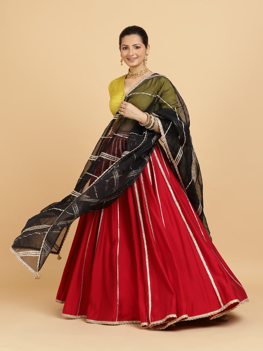 Madhuri Begum 4-Pc Lehenga Set x Tyohaar, in Red, featuring elbow sleeves and v-neckline, made for party & festive.