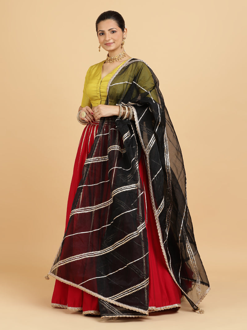 Madhuri Begum 4-Pc Lehenga Set x Tyohaar | Red Lehenga, Lemon Yellow Blouse with Chandni Black Dupatta and Cancan Skirt-Binks