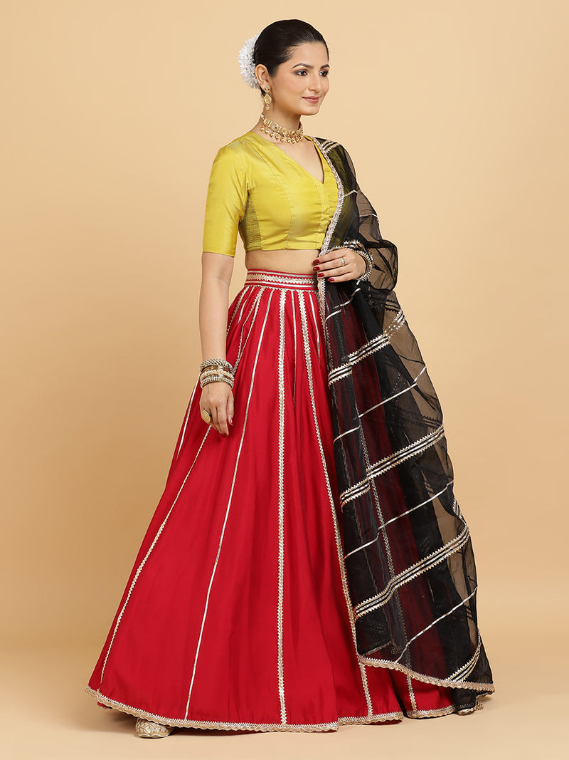 Madhuri Begum 4-Pc Lehenga Set x Tyohaar | Red Lehenga, Lemon Yellow Blouse with Chandni Black Dupatta and Cancan Skirt-Binks