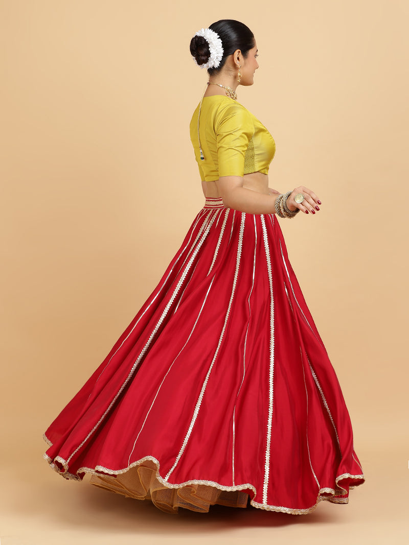 Madhuri Begum 4-Pc Lehenga Set x Tyohaar | Red Lehenga, Lemon Yellow Blouse with Chandni Black Dupatta and Cancan Skirt-Binks