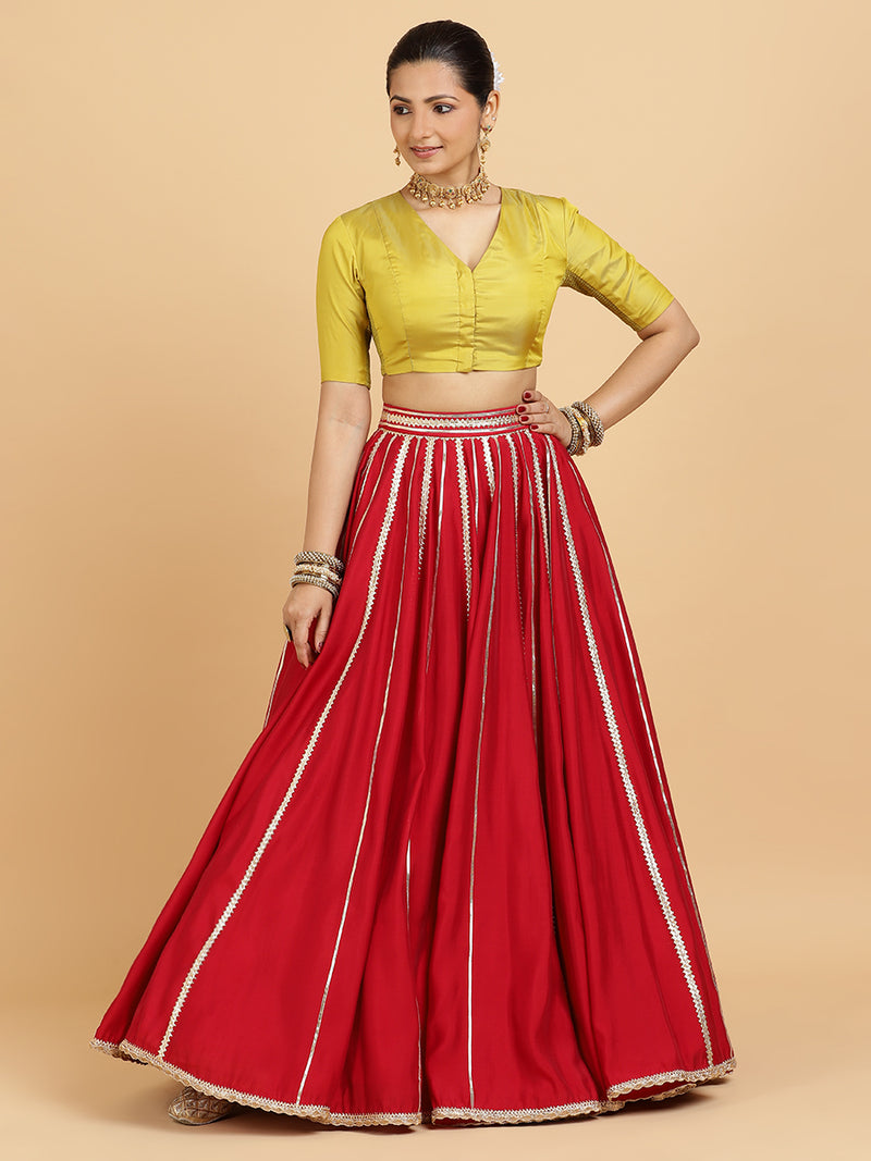 Madhuri Begum 4-Pc Lehenga Set x Tyohaar | Red Lehenga, Lemon Yellow Blouse with Chandni Black Dupatta and Cancan Skirt-Binks