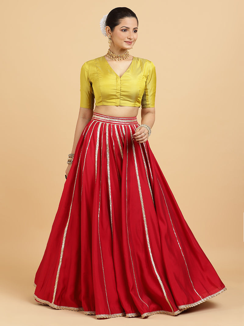 Madhuri Begum 4-Pc Lehenga Set x Tyohaar | Red Lehenga, Lemon Yellow Blouse with Chandni Black Dupatta and Cancan Skirt-Binks