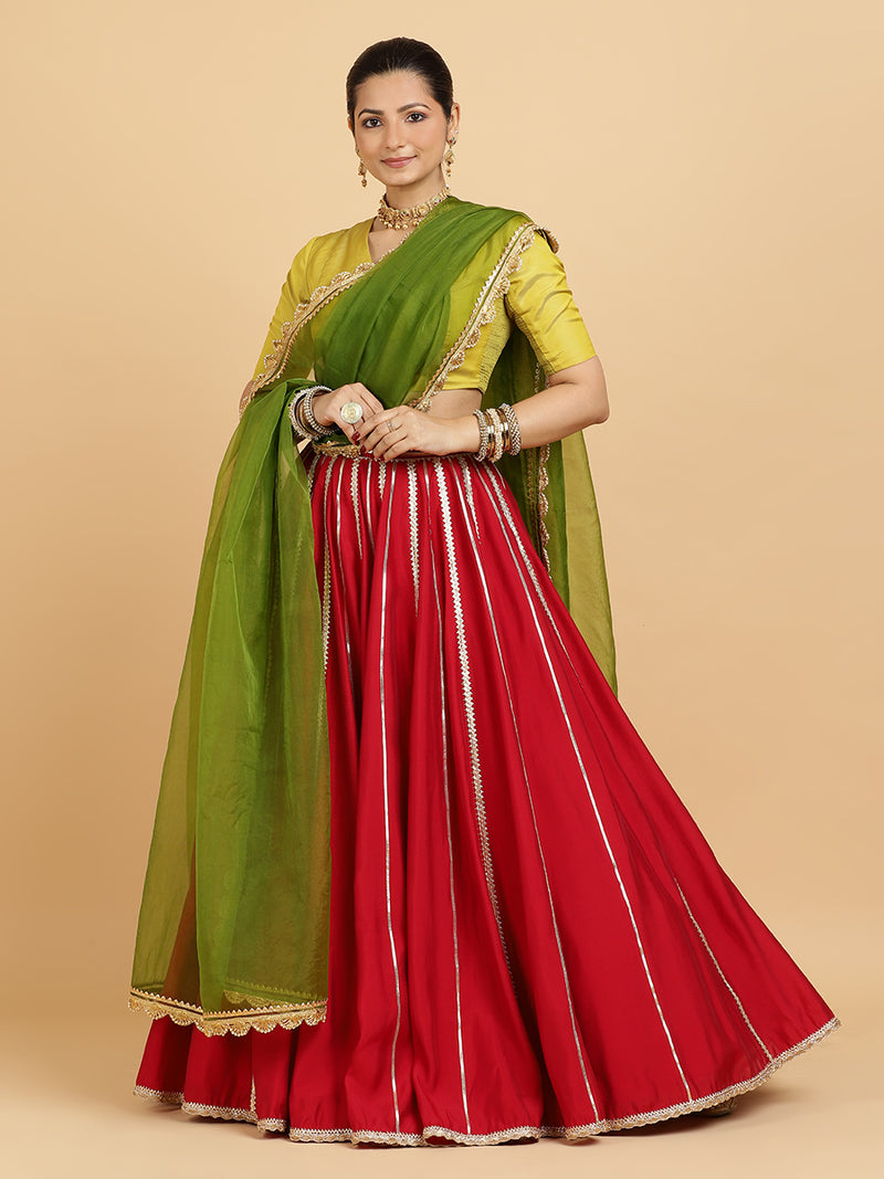 Madhuri Begum 4-Pc Lehenga Set x Tyohaar | Red Lehenga, Lemon Yellow Blouse with Heena Olive Green Dupatta and Cancan Skirt-Binks