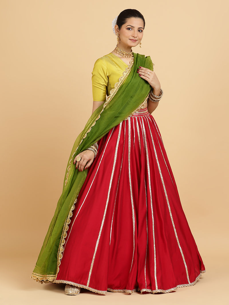 Madhuri Begum 4-Pc Lehenga Set x Tyohaar | Red Lehenga, Lemon Yellow Blouse with Heena Olive Green Dupatta and Cancan Skirt-Binks