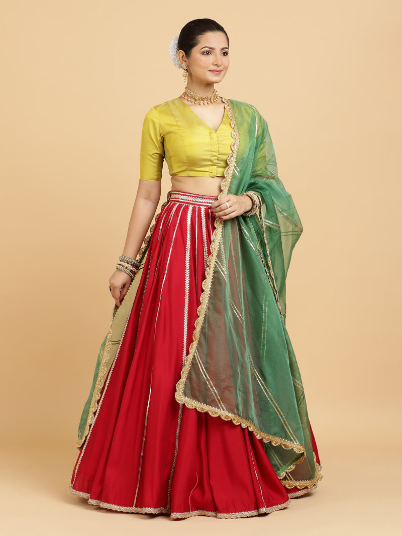 Madhuri Begum 4-Pc Lehenga Set x Tyohaar | Red Lehenga, Lemon Yellow Blouse with Heena Olive Green Dupatta and Cancan Skirt-Binks
