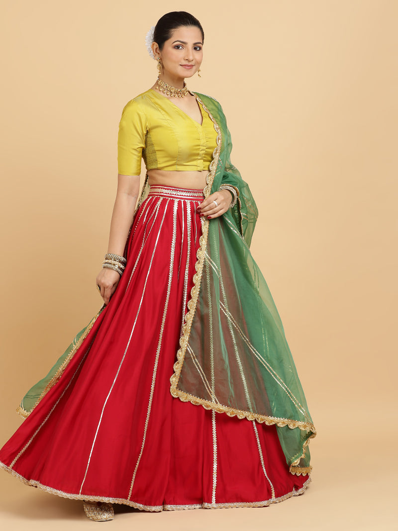 Madhuri Begum 4-Pc Lehenga Set x Tyohaar | Red Lehenga, Lemon Yellow Blouse with Heena Olive Green Dupatta and Cancan Skirt-Binks