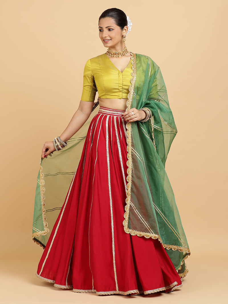 Madhuri Begum 4-Pc Lehenga Set x Tyohaar | Red Lehenga, Lemon Yellow Blouse with Heena Olive Green Dupatta and Cancan Skirt-Binks