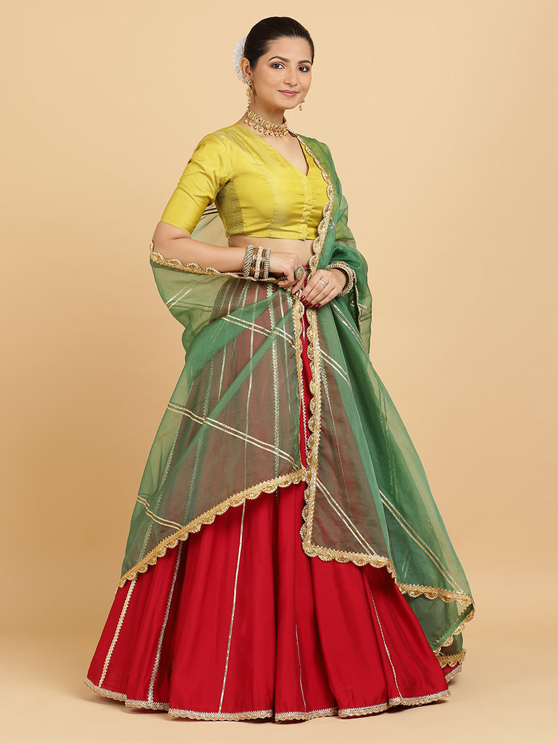 Madhuri Begum 4-Pc Lehenga Set x Tyohaar | Red Lehenga, Lemon Yellow Blouse with Heena Olive Green Dupatta and Cancan Skirt-Binks