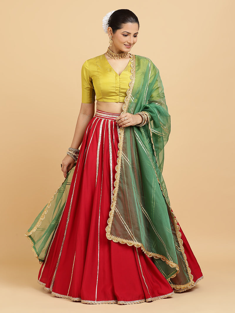 Madhuri Begum 4-Pc Lehenga Set x Tyohaar | Red Lehenga, Lemon Yellow Blouse with Heena Olive Green Dupatta and Cancan Skirt-Binks