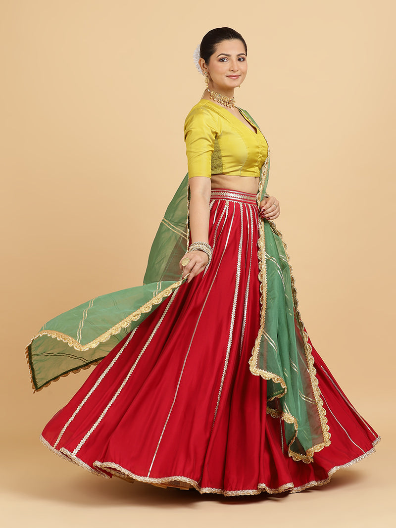 Madhuri Begum 4-Pc Lehenga Set x Tyohaar | Red Lehenga, Lemon Yellow Blouse with Heena Olive Green Dupatta and Cancan Skirt-Binks