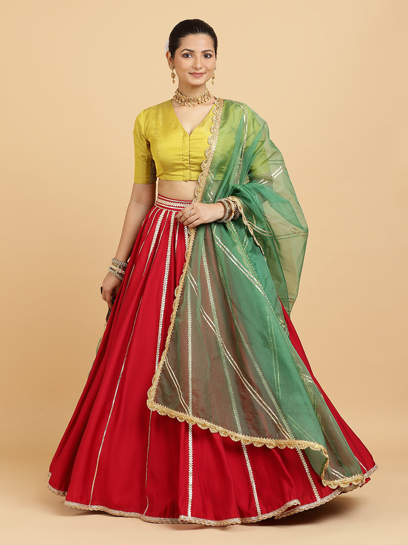 Madhuri Begum 4-Pc Lehenga Set x Tyohaar | Red Lehenga, Lemon Yellow Blouse with Heena Olive Green Dupatta and Cancan Skirt-Binks