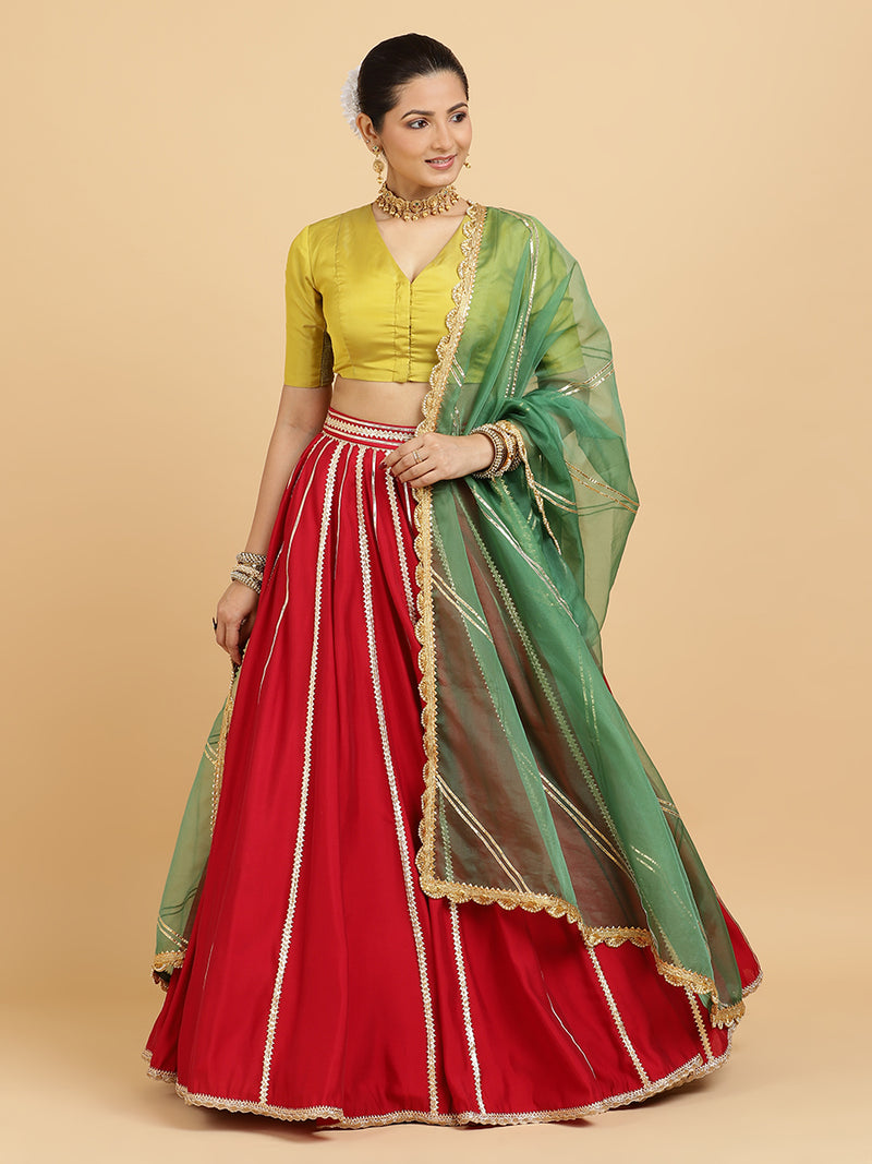 Madhuri Begum 4-Pc Lehenga Set x Tyohaar | Red Lehenga, Lemon Yellow Blouse with Heena Olive Green Dupatta and Cancan Skirt-Binks