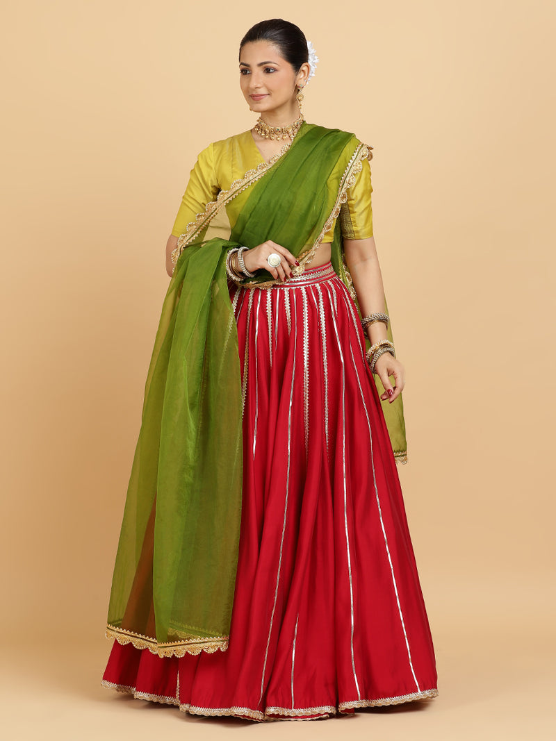Madhuri Begum 4-Pc Lehenga Set x Tyohaar | Red Lehenga, Lemon Yellow Blouse with Heena Olive Green Dupatta and Cancan Skirt-Binks