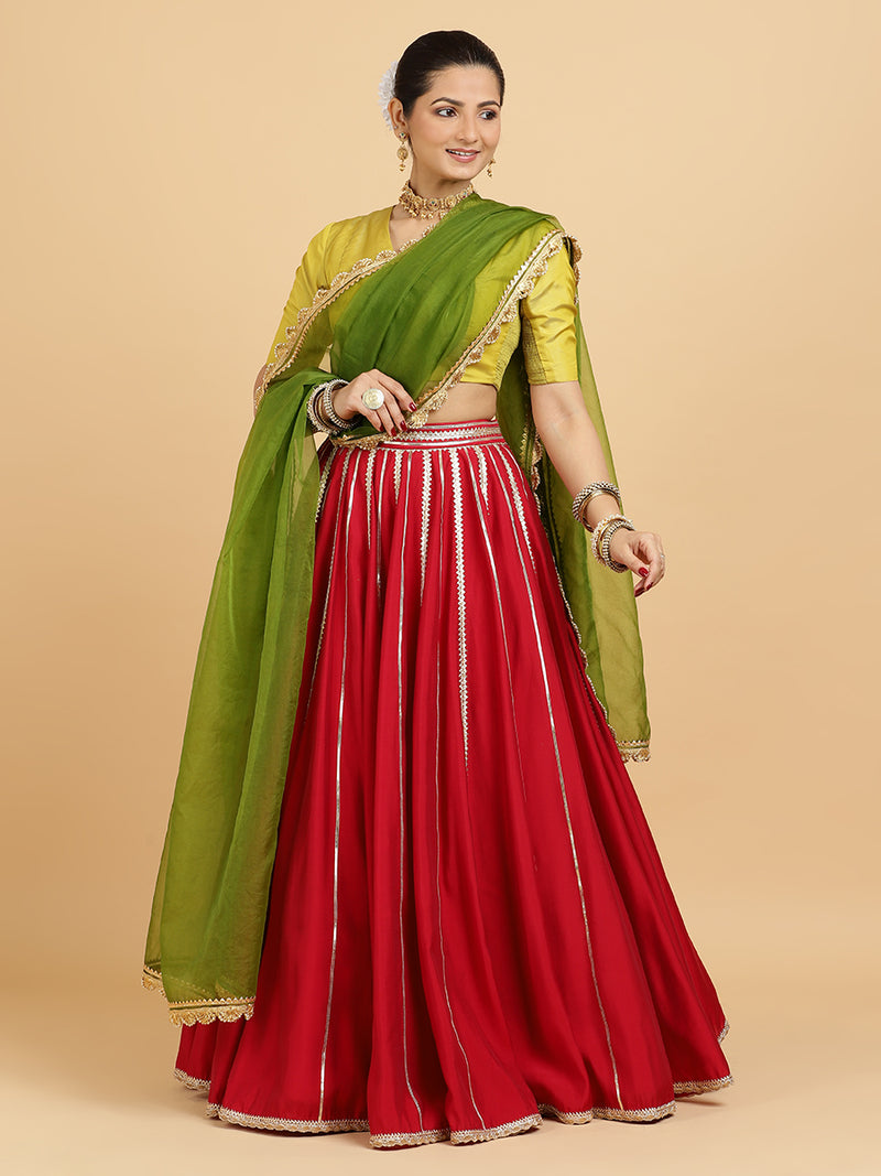 Madhuri Begum 4-Pc Lehenga Set x Tyohaar | Red Lehenga, Lemon Yellow Blouse with Heena Olive Green Dupatta and Cancan Skirt-Binks