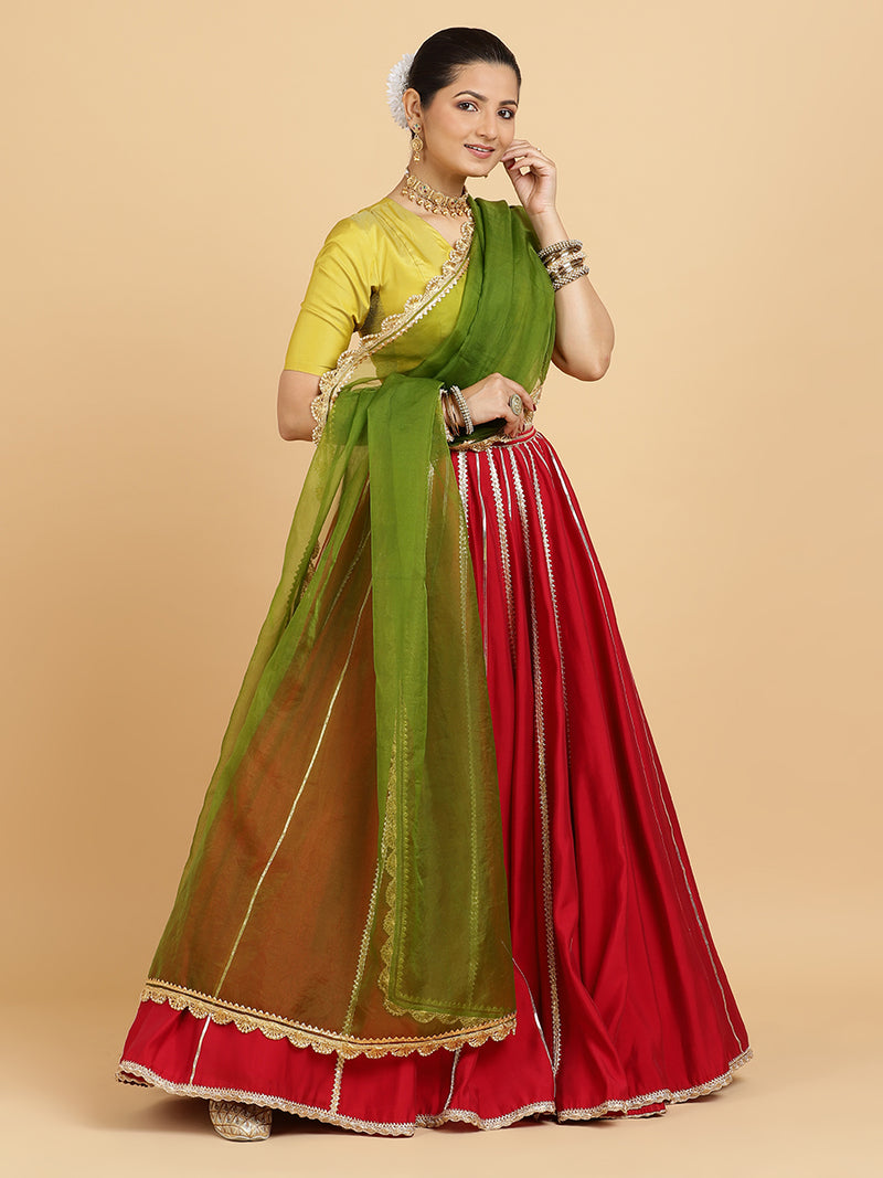 Madhuri Begum 4-Pc Lehenga Set x Tyohaar | Red Lehenga, Lemon Yellow Blouse with Heena Olive Green Dupatta and Cancan Skirt-Binks