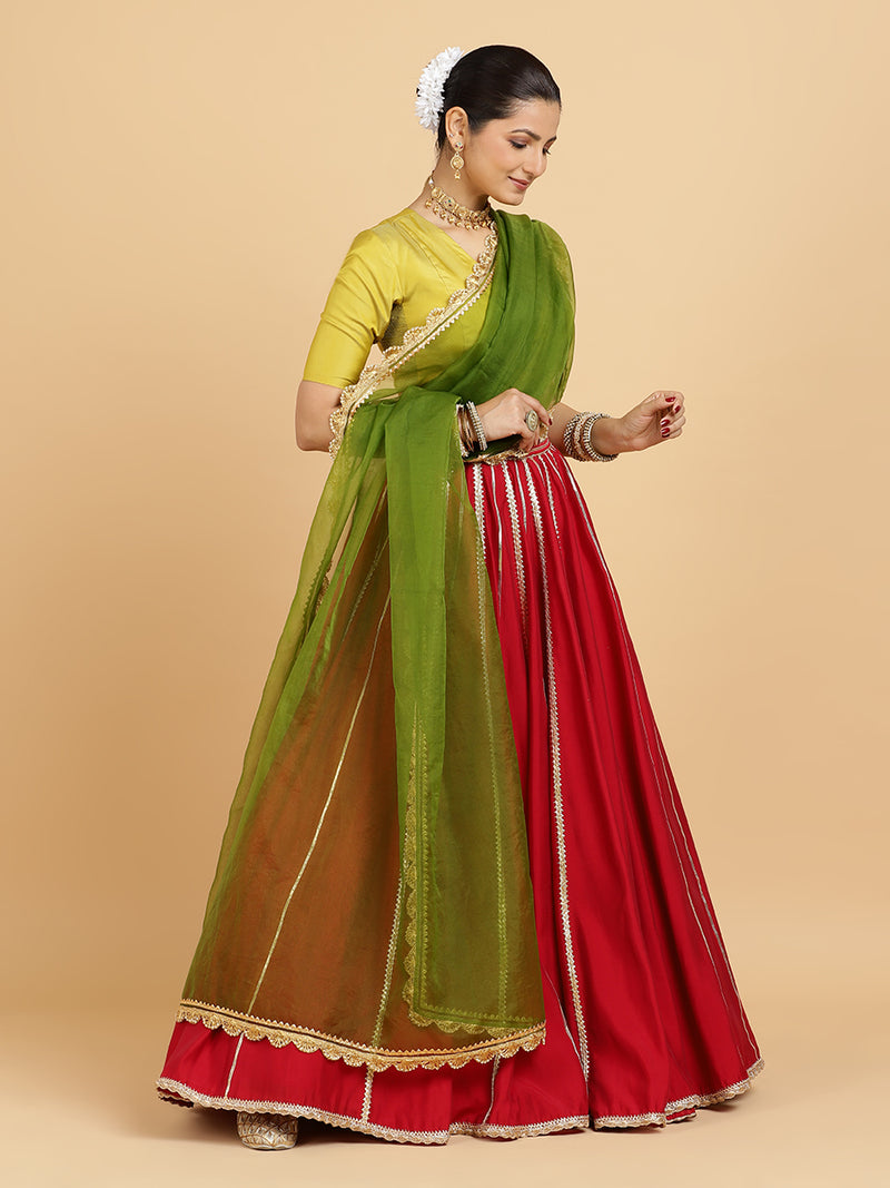 Madhuri Begum 4-Pc Lehenga Set x Tyohaar | Red Lehenga, Lemon Yellow Blouse with Heena Olive Green Dupatta and Cancan Skirt-Binks