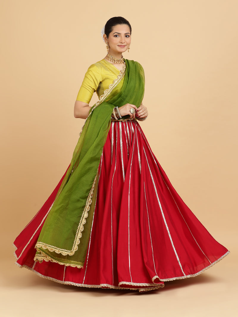 Madhuri Begum 4-Pc Lehenga Set x Tyohaar | Red Lehenga, Lemon Yellow Blouse with Heena Olive Green Dupatta and Cancan Skirt-Binks