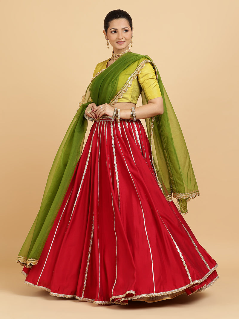 Madhuri Begum 4-Pc Lehenga Set x Tyohaar | Red Lehenga, Lemon Yellow Blouse with Heena Olive Green Dupatta and Cancan Skirt-Binks