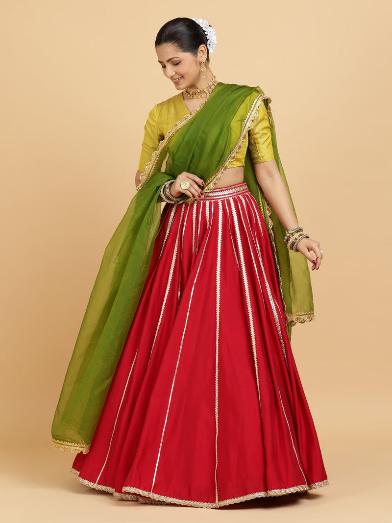 Madhuri Begum 4-Pc Lehenga Set x Tyohaar | Red Lehenga, Lemon Yellow Blouse with Heena Olive Green Dupatta and Cancan Skirt-Binks