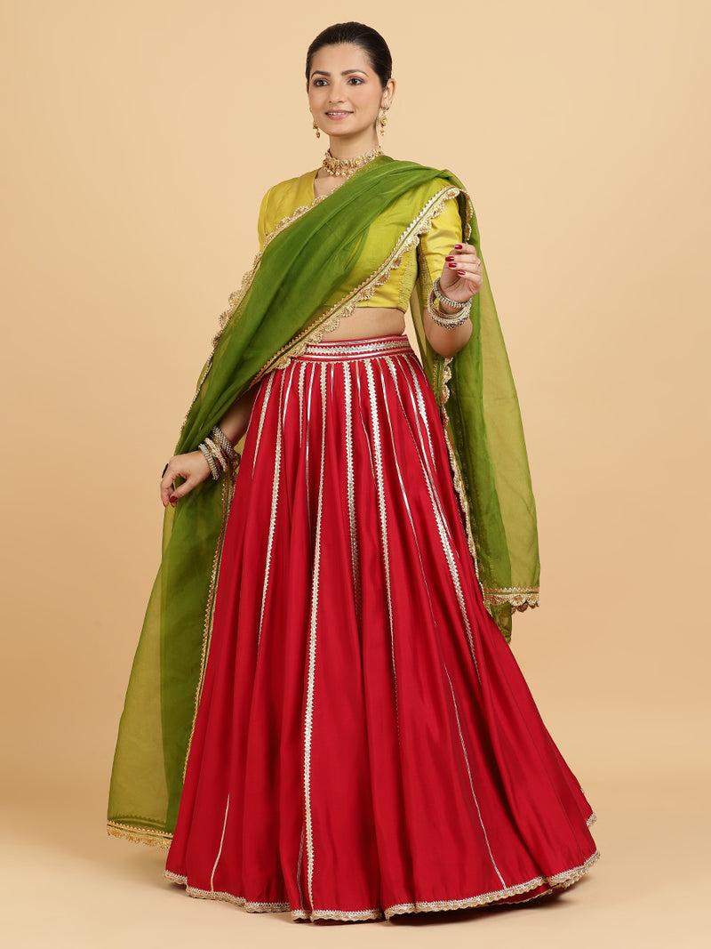 Madhuri Begum 4-Pc Lehenga Set x Tyohaar | Red Lehenga, Lemon Yellow Blouse with Heena Olive Green Dupatta and Cancan Skirt-Binks