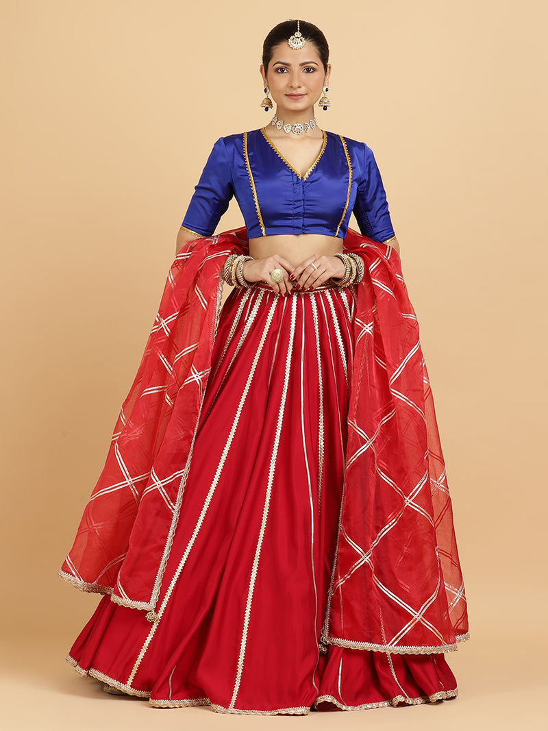 Madhuri Begum 4-Pc Lehenga Set x Tyohaar | Red Lehenga, Cobalt Blue Blouse with Leela Red Dupatta and Cancan Skirt-Binks