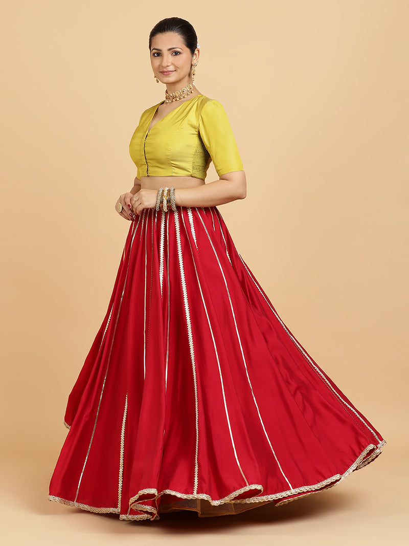 Madhuri Begum 4-Pc Lehenga Set x Tyohaar | Red Lehenga, Lemon Yellow Blouse with Leela Red Dupatta and Cancan Skirt-Binks