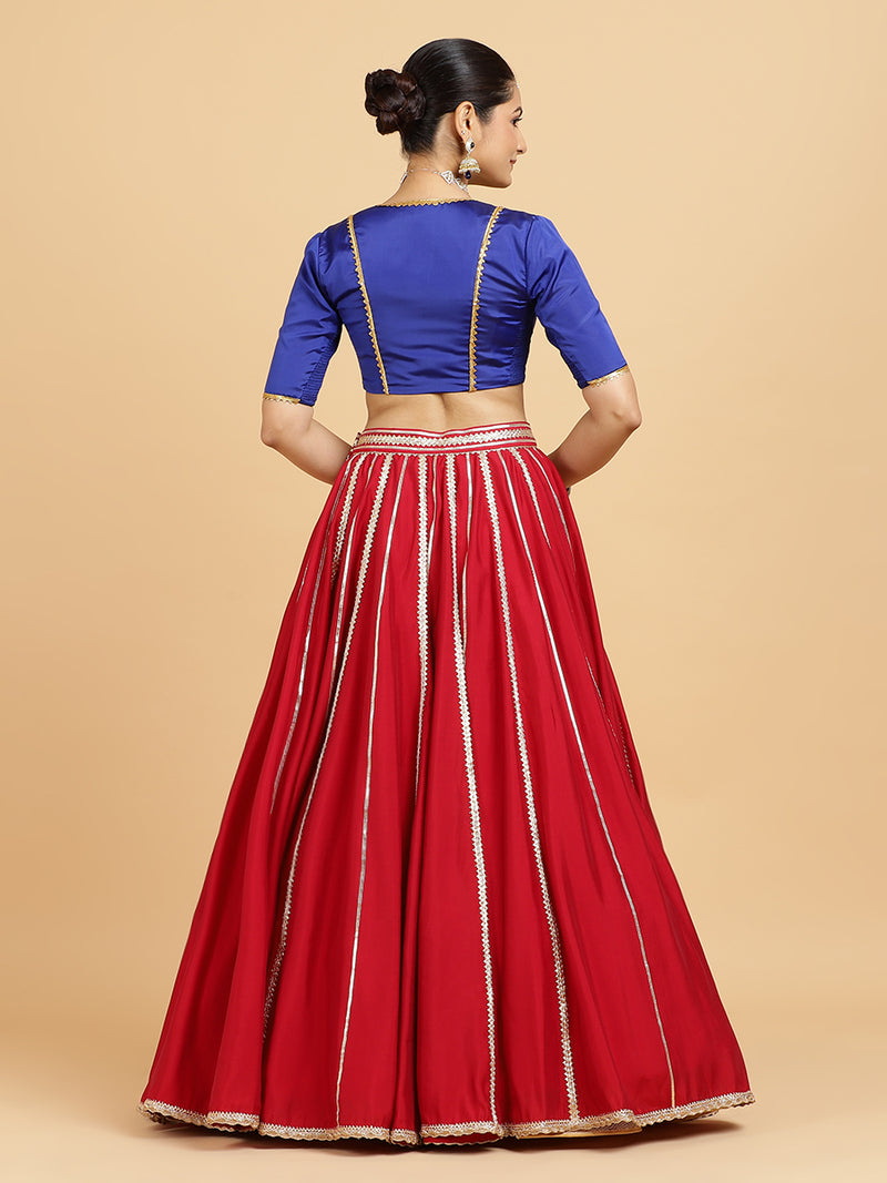 Madhuri Begum 4-Pc Lehenga Set x Tyohaar | Red Lehenga, Cobalt Blue Blouse with Leela Red Dupatta and Cancan Skirt-Binks