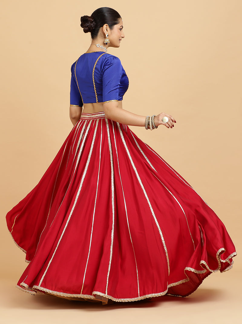 Madhuri Begum 4-Pc Lehenga Set x Tyohaar | Red Lehenga, Cobalt Blue Blouse with Leela Red Dupatta and Cancan Skirt-Binks