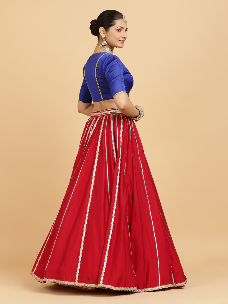 Madhuri Begum 4-Pc Lehenga Set x Tyohaar | Red Lehenga, Cobalt Blue Blouse with Leela Red Dupatta and Cancan Skirt-Binks