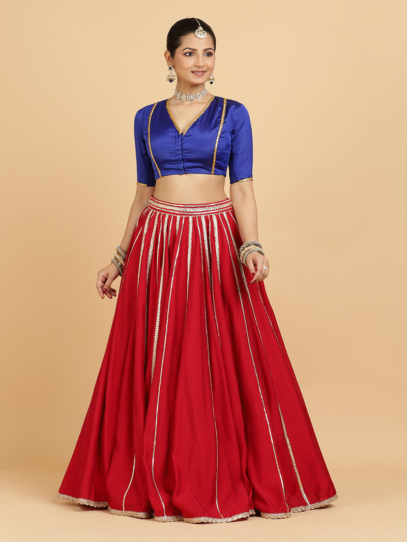 Madhuri Begum 4-Pc Lehenga Set x Tyohaar | Red Lehenga, Cobalt Blue Blouse with Leela Red Dupatta and Cancan Skirt-Binks
