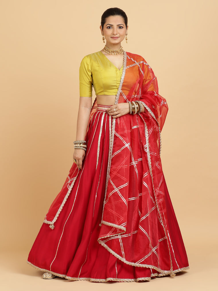 Madhuri Begum 4-Pc Lehenga Set x Tyohaar, in Red, featuring elbow sleeves and v-neckline, made for party & festive.
