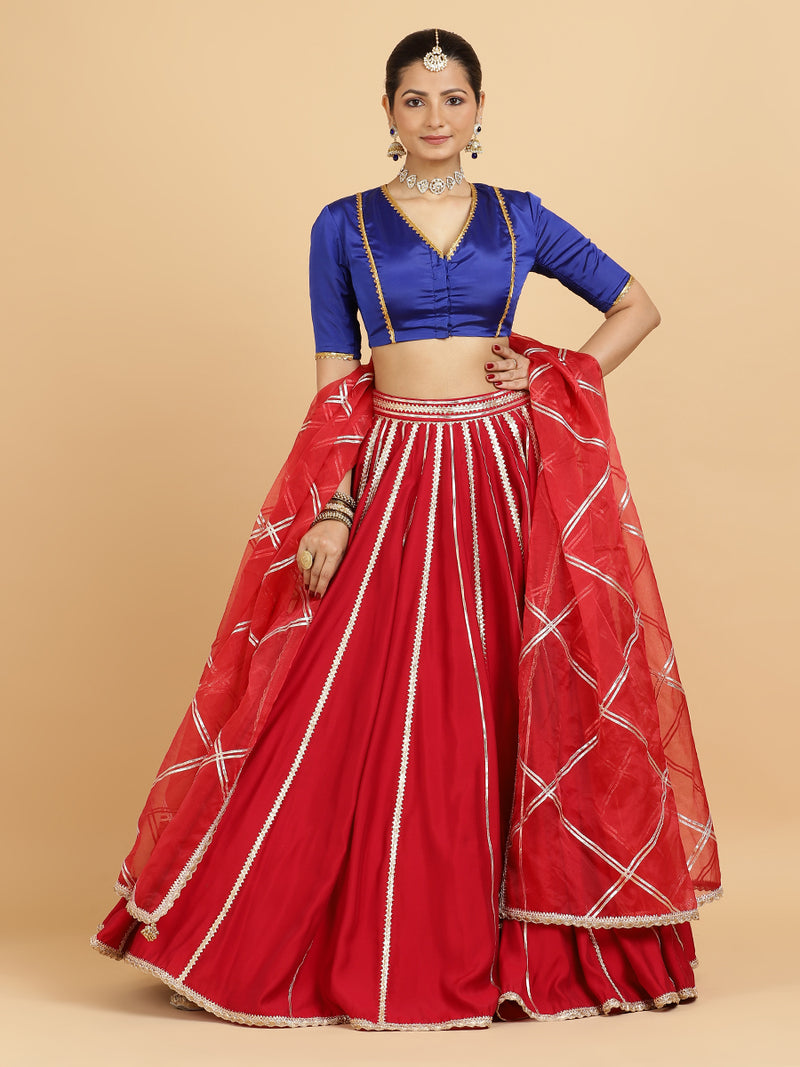 Madhuri Begum 4-Pc Lehenga Set x Tyohaar | Red Lehenga, Cobalt Blue Blouse with Leela Red Dupatta and Cancan Skirt-Binks