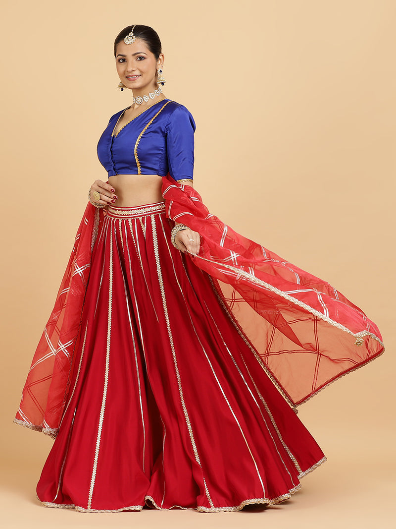 Madhuri Begum 4-Pc Lehenga Set x Tyohaar | Red Lehenga, Cobalt Blue Blouse with Leela Red Dupatta and Cancan Skirt-Binks