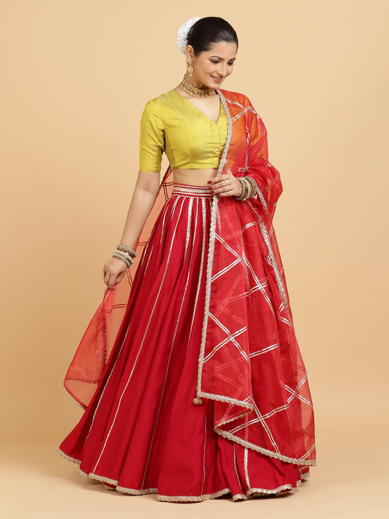 Madhuri Begum 4-Pc Lehenga Set x Tyohaar | Red Lehenga, Lemon Yellow Blouse with Leela Red Dupatta and Cancan Skirt-Binks
