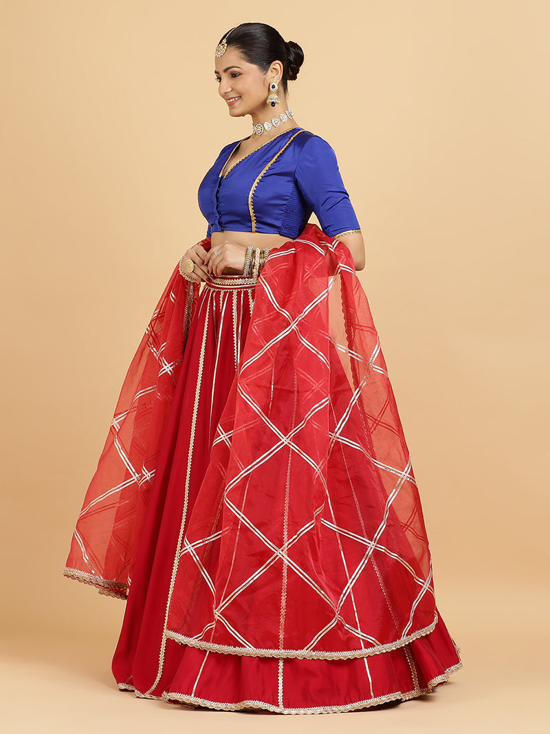 Madhuri Begum 4-Pc Lehenga Set x Tyohaar | Red Lehenga, Cobalt Blue Blouse with Leela Red Dupatta and Cancan Skirt-Binks