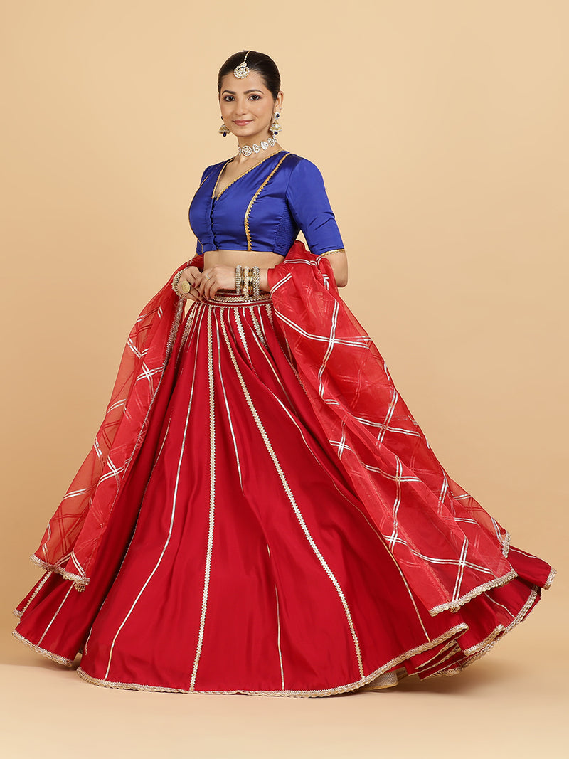 Madhuri Begum 4-Pc Lehenga Set x Tyohaar | Red Lehenga, Cobalt Blue Blouse with Leela Red Dupatta and Cancan Skirt-Binks