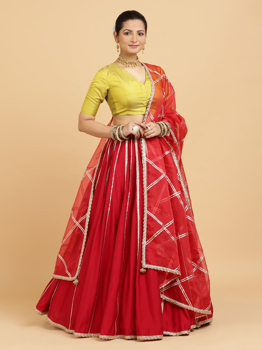 Madhuri Begum 4-Pc Lehenga Set x Tyohaar, in Red, featuring elbow sleeves and v-neckline, made for party & festive (view 6).