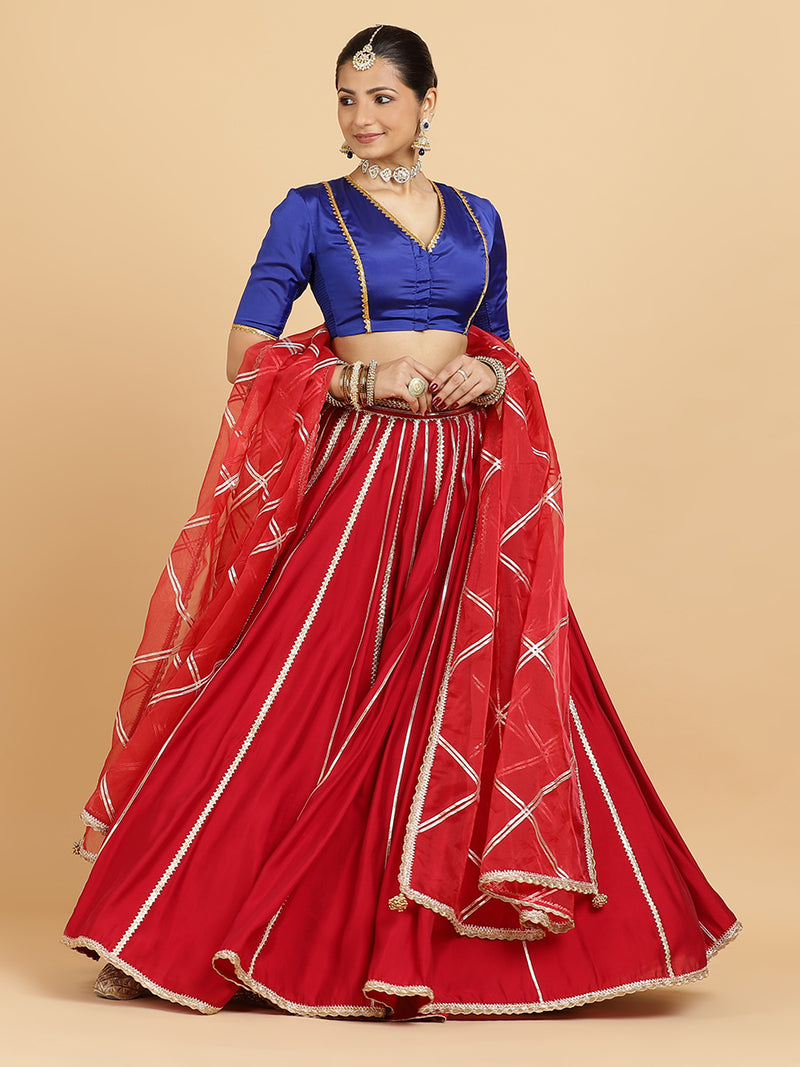 Madhuri Begum 4-Pc Lehenga Set x Tyohaar | Red Lehenga, Cobalt Blue Blouse with Leela Red Dupatta and Cancan Skirt-Binks